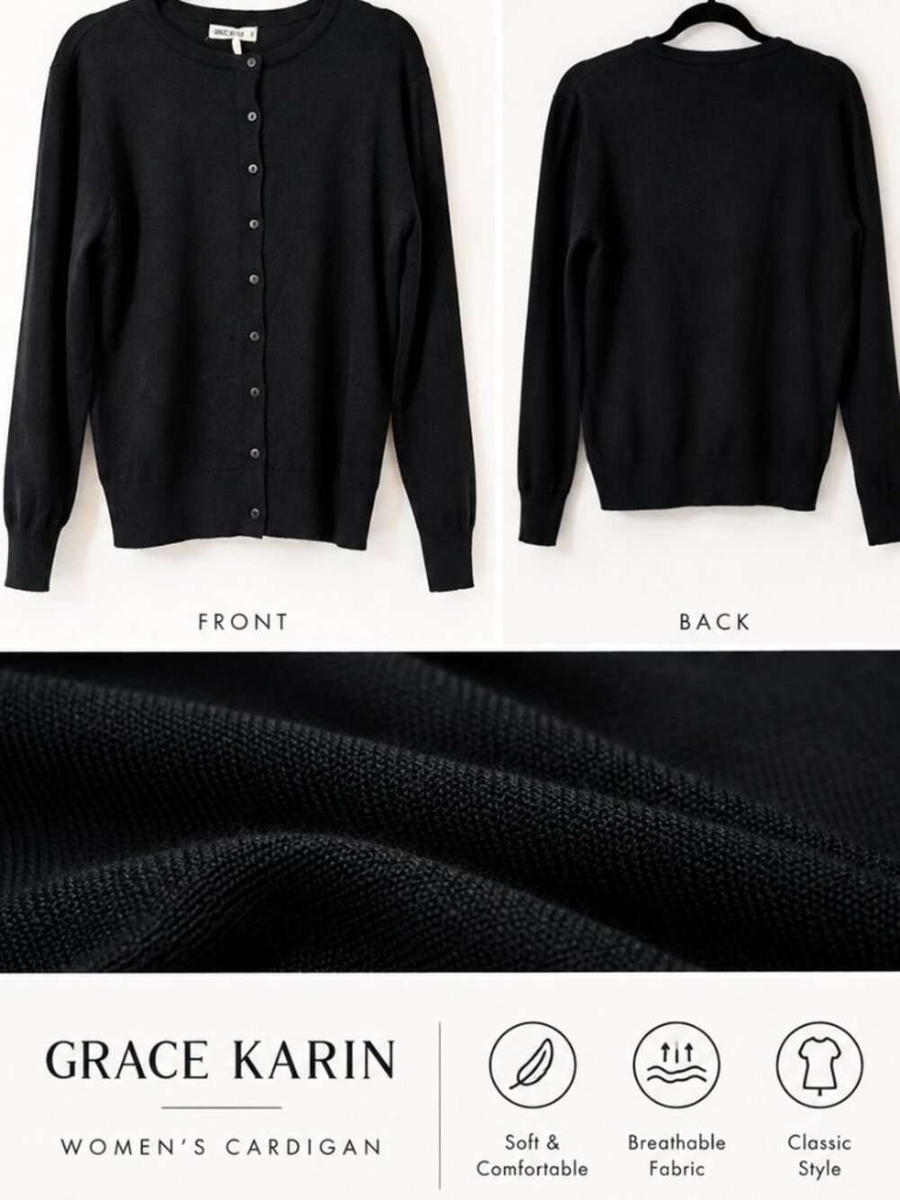 Grace Karin Black Solid Knit Button Front Crew Neck Long Sleeve Cardigan XL
